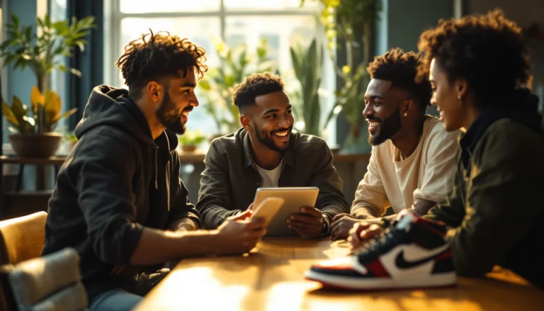 Groupe urbain mixte avec sneakers Air Jordan 1 noir rouge en style streetwear dans coworking moderne lumineux