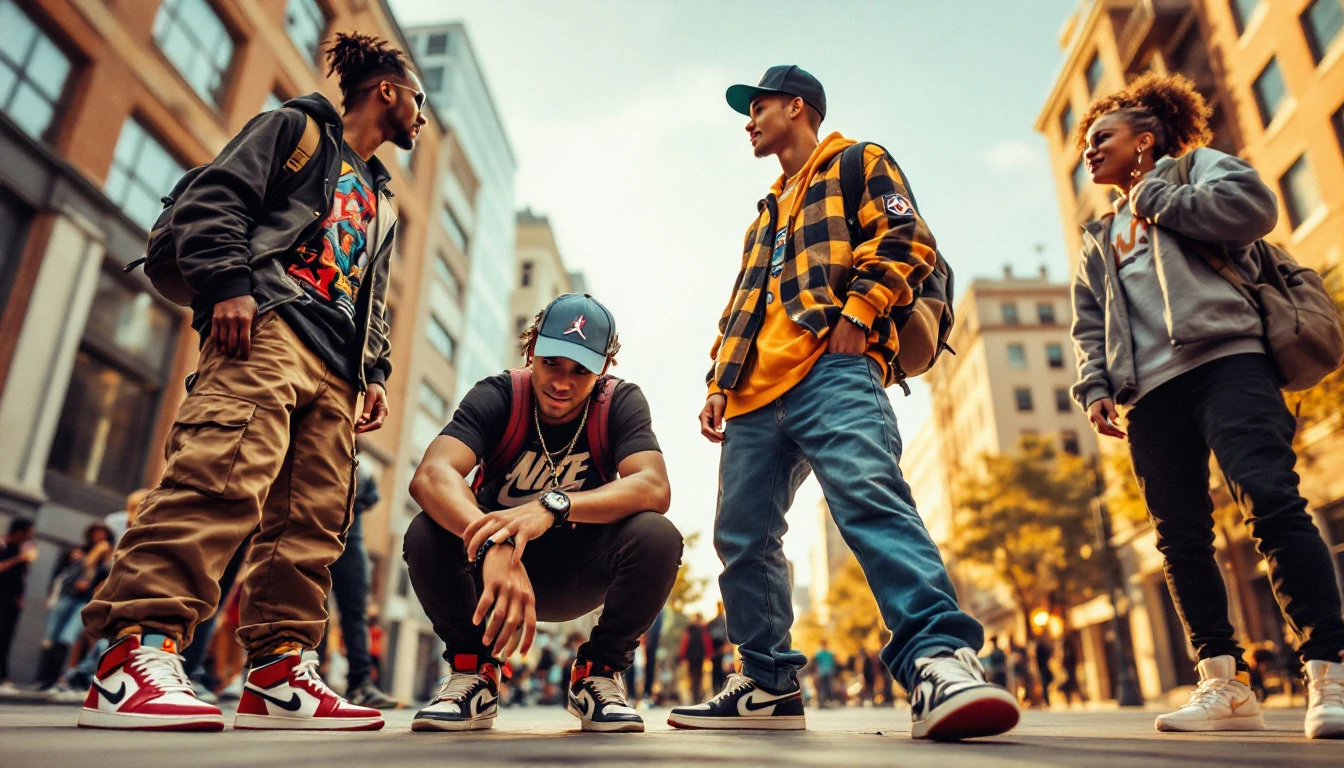 Photo dynamique de jeunes montrant des Air Jordan 1 dans un environnement urbain.