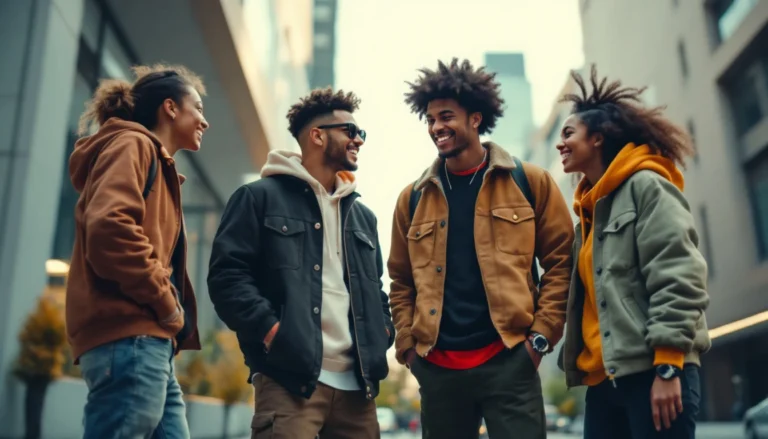Groupe diversifié en streetwear avec des Air Jordan 4 en milieu urbain.