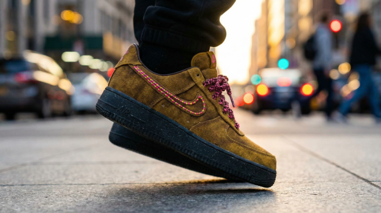 Nouvelle Nike Air Force 1 Boucle QS cuivrée avec accents de rose, stylisée en mouvement sur fond urbain.