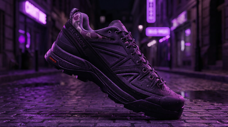 Sneaker Carhartt WIP x Salomon X-ALP noir robuste en mouvement dans une scène de rue urbaine moderne éclairée de lumières violette.