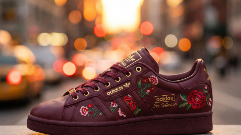 Sneaker adidas Pet Collection bordeaux en gros plan sur fond urbain flou