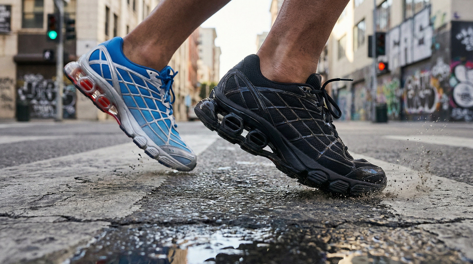 Gros plan des adidas Megaride F50 Spider, noires et bleues, en milieu de marche, mettant en valeur leur structure en toile d'araignée et leur semelle absorbant les chocs.