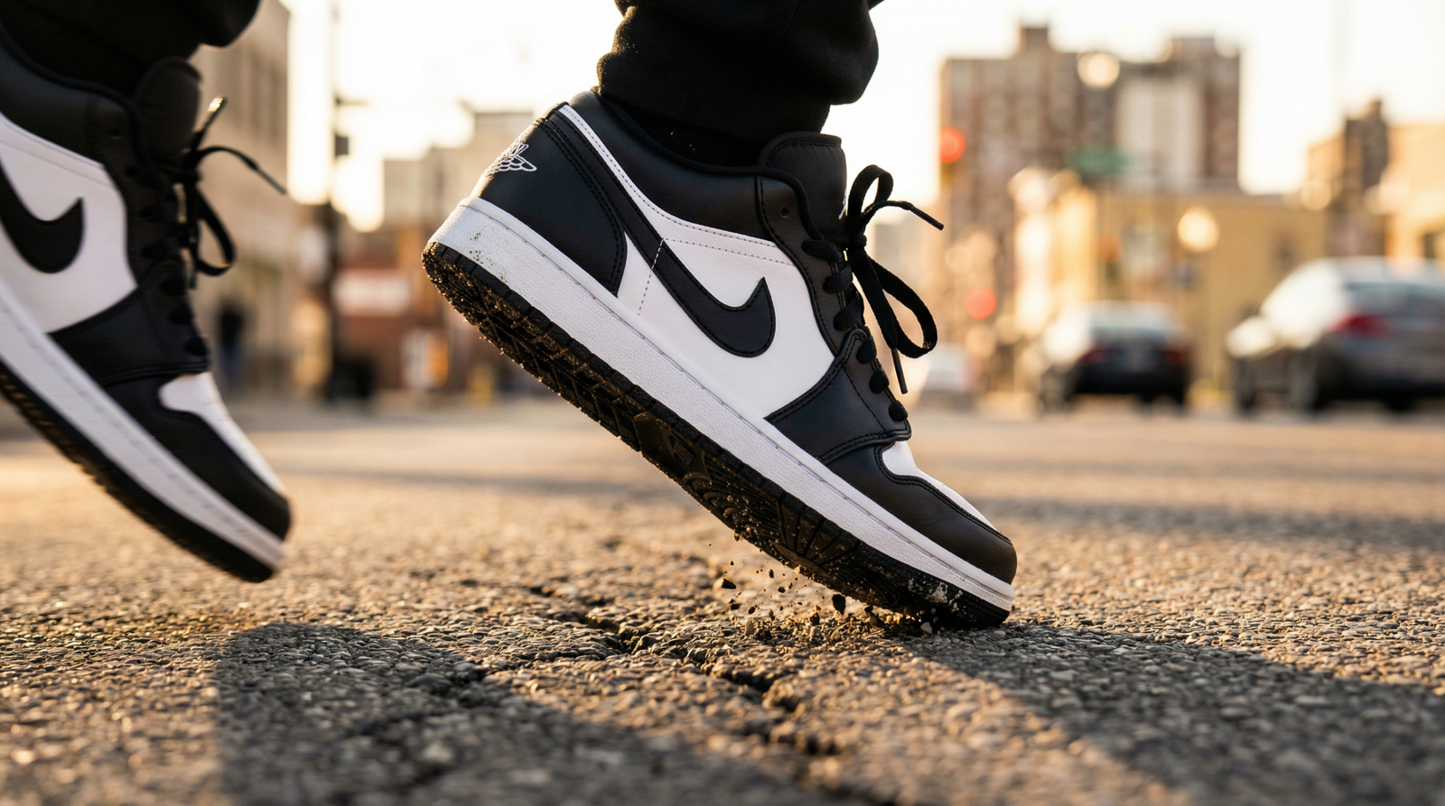 Sneaker Air Jordan 1 Low Panda en mouvement sur sol urbain, arrière-plan de ville flou, lumière diurne chaude.