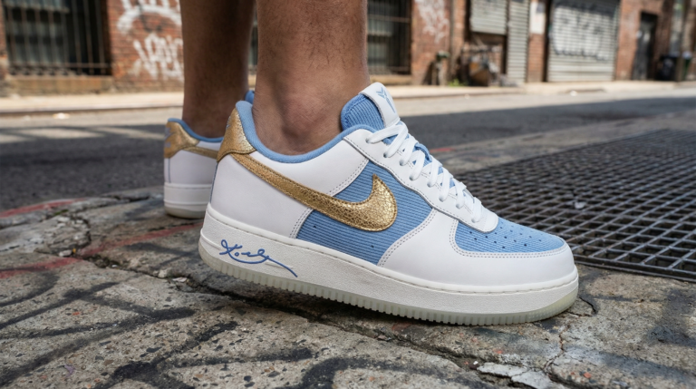 Edition Kobe Bryant Nike Air Force 1 'City of Champions', mesh Work Blue, détails Summit White et Metallic Gold, sur fond urbain.