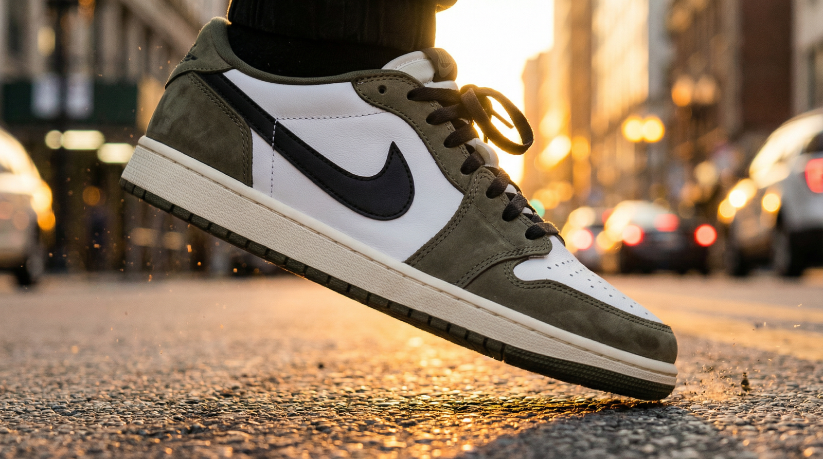Sneaker Jordan en mouvement dans un décor urbain flou, représentant l'influence de la marque dans la mode urbaine.