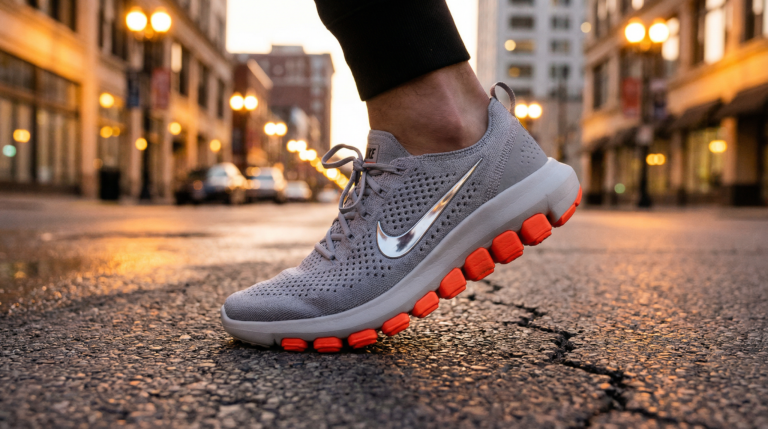 La sneaker Nike Mind 002 Light Smoke Grey se déplaçant dans un cadre urbain. Les souhaits swoosh et les modules de mousse sont visibles.