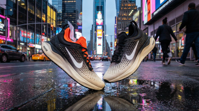 Nike Rejuven8 Black Muslin en mouvement, accentuant le dégradé noir-crème et les Swooshes distincts, sur fond urbain flou.