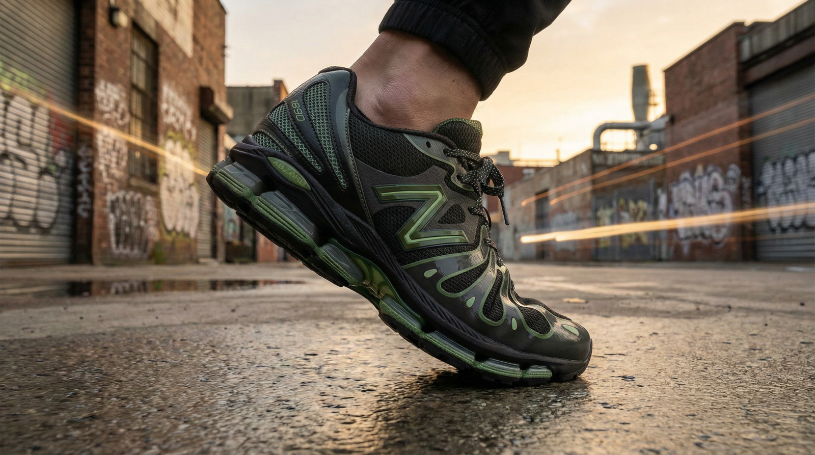 New Balance Abzorb 1890 Faded Black en mouvement dans un cadre urbain, mettant en avant le design Y2K et les renforts thermocollés.