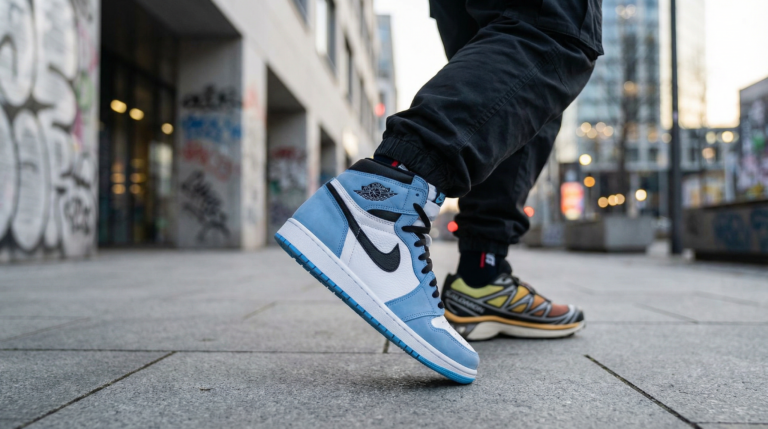 Sneaker Air Jordan 1 High University Blue en mouvement, style streetwear moderne.