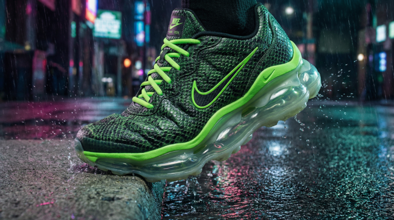 Nike Air Max Liquid 2026 futuriste avec semelle organique captée en mouvement sur fond urbain flou