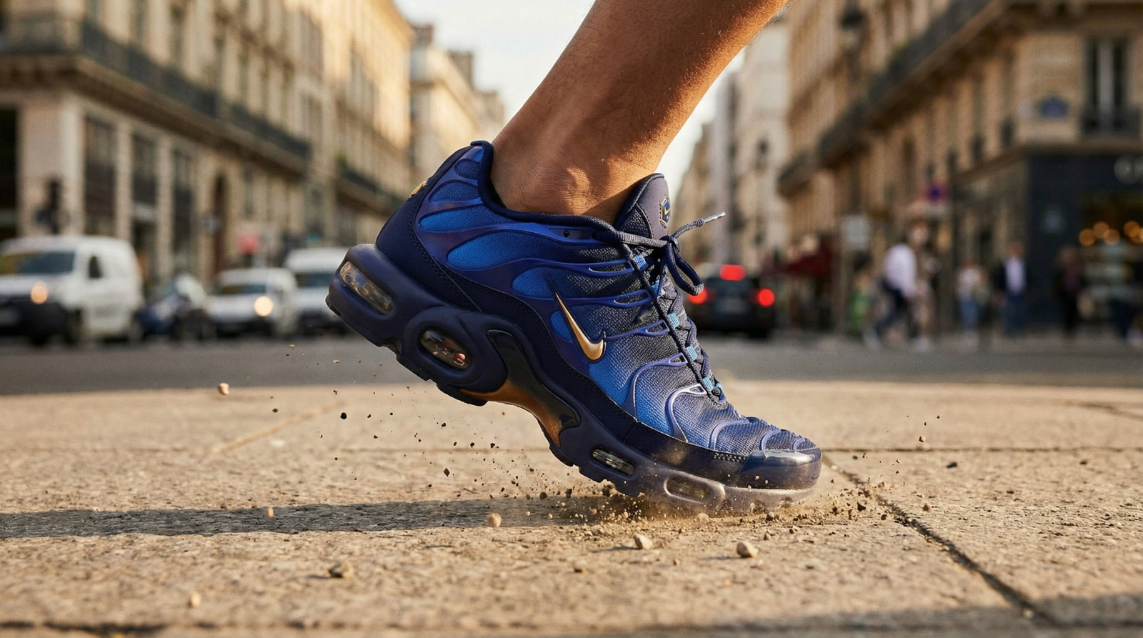 Sneaker FFF x Nike Air Max Plus France en mouvement, dégradé bleu et Swoosh or