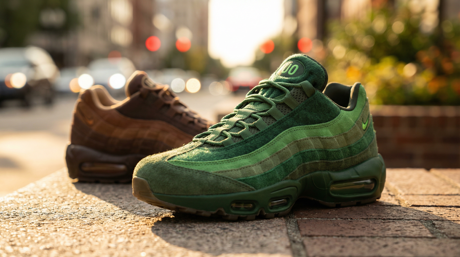 Baskets University of Oregon x Nike Air Max 95 'The Woods' et 'Lumber Yard' en gros plan sur fond urbain.