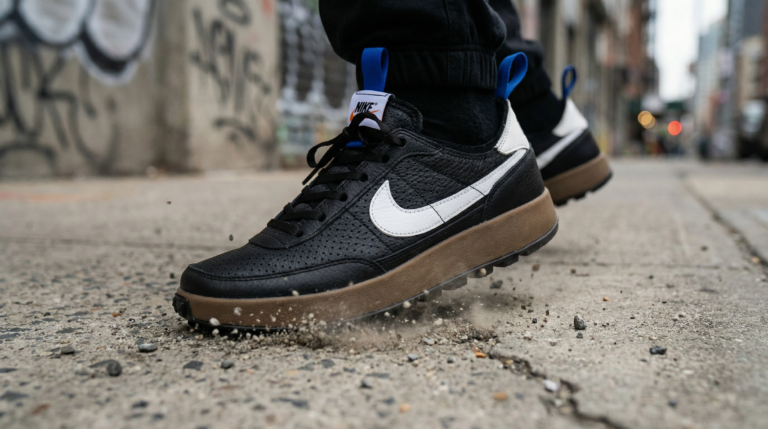 Nike General Purpose Black White en cuir perforé noir, swoosh blanc et touches de bleu, en mouvement sur un fond urbain flou.