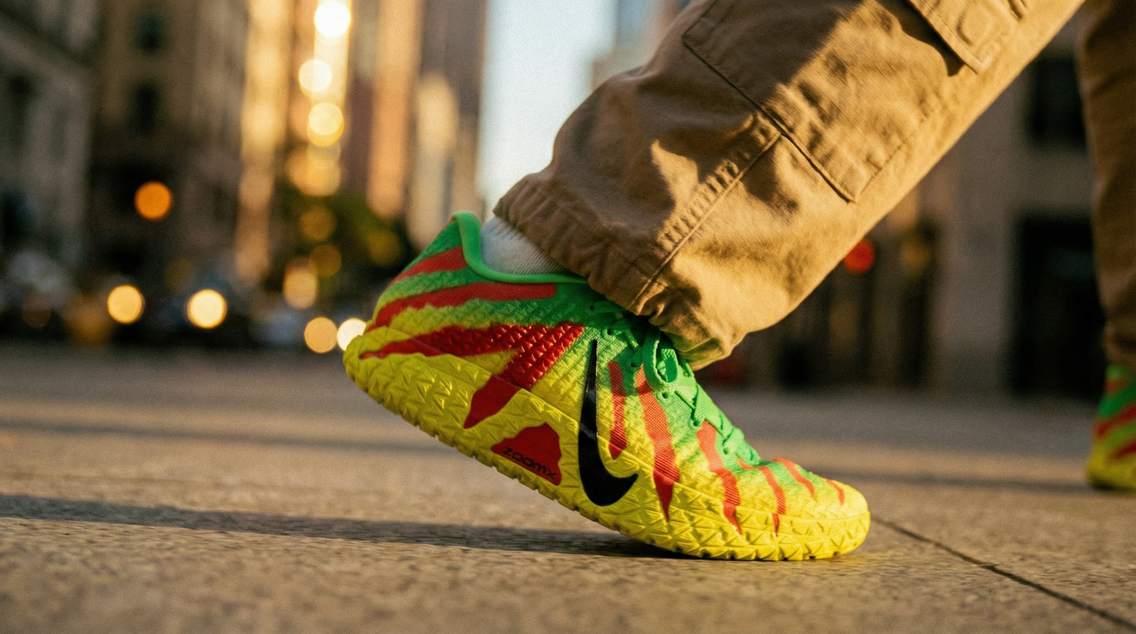 Sneaker Jordan en action sur fond urbain, représentant la culture sneakers et la mode urbaine.