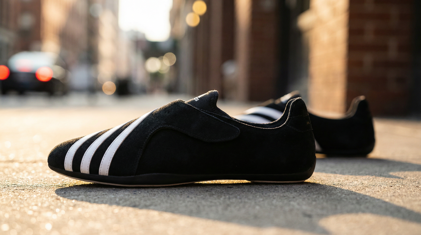 Pharrell Williams x adidas Vario Flat Earther avec lieu urbain flou en arrière-plan